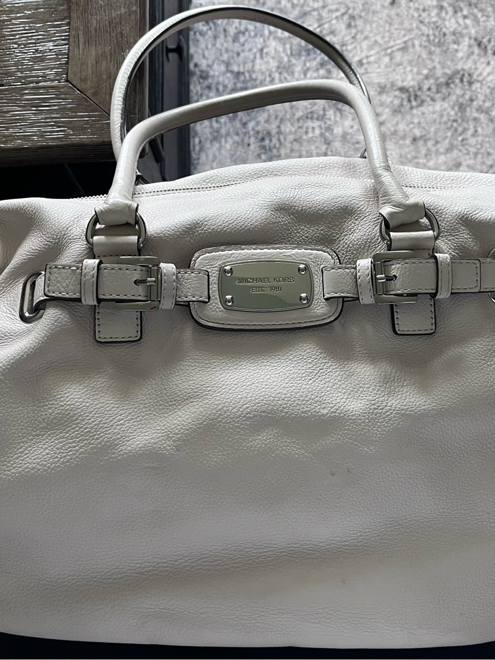 Michael Kors Cream Leather Double-Handle Satchel with Silver Hardware